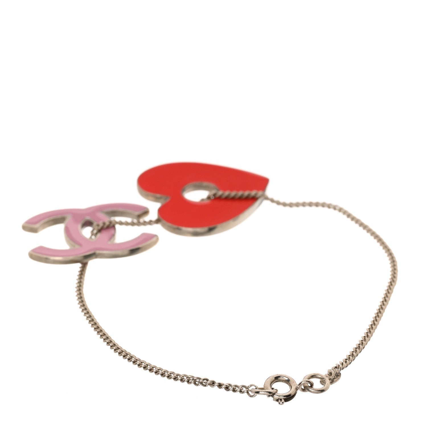 Chanel Enamel Heart CC Charm Bracelet Red Pink Silver 3 of 5