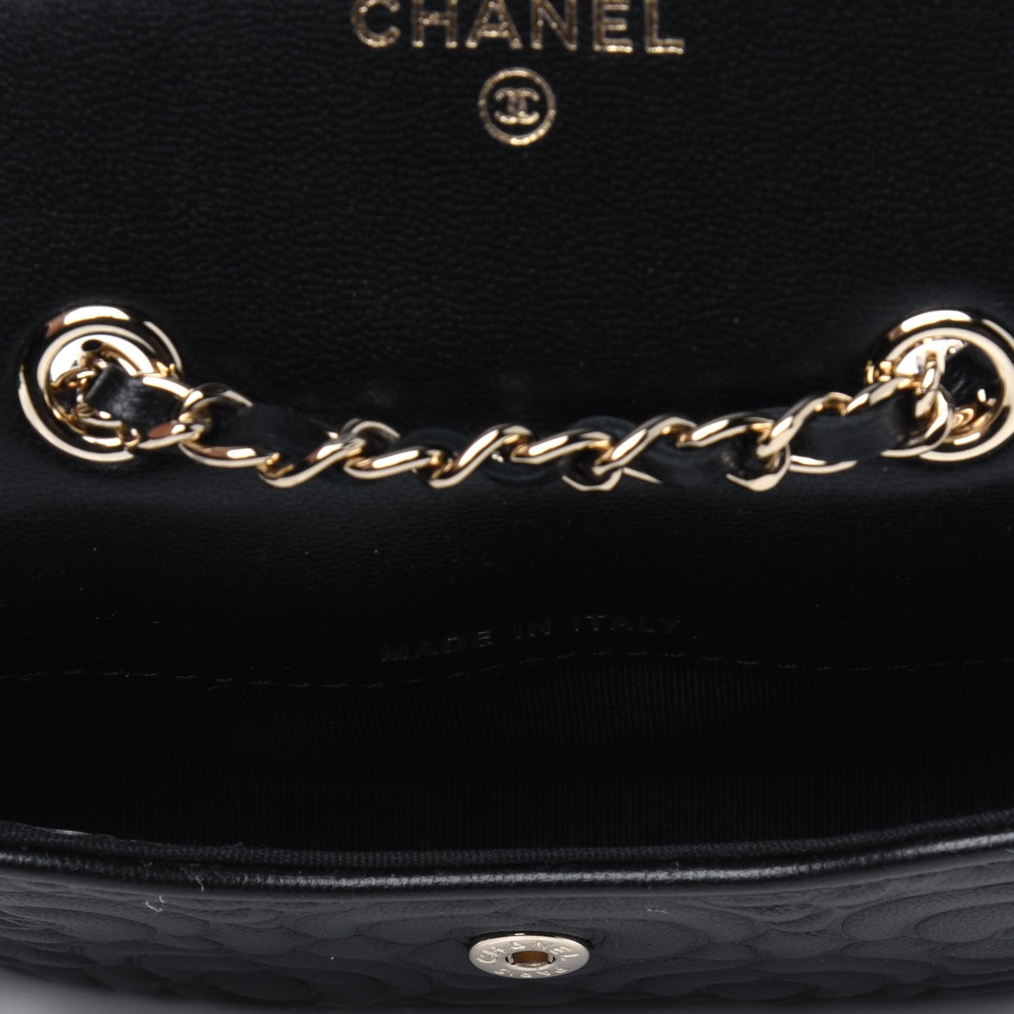 Lambskin Camellia Embossed Chain Belt Bag Black