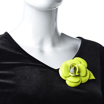 Chanel Patent Camellia Pin Brooch Neon Yellow 2 of 5