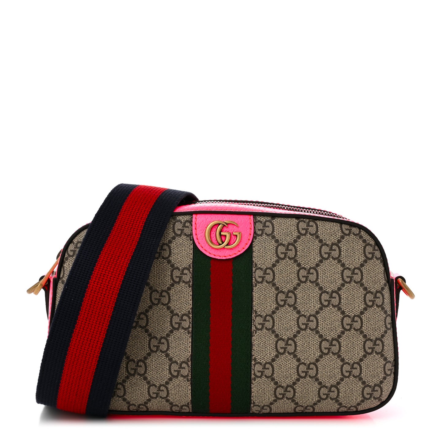 GG Supreme Monogram Textured Dollar Calfskin Web Ophidia Small Crossbody Bag Beige Ebony Fuchsia