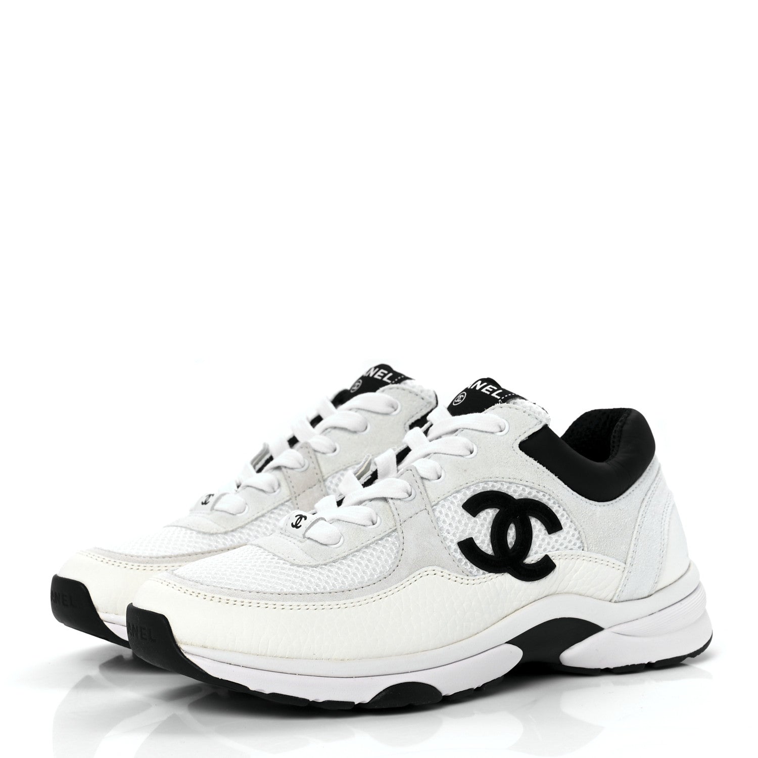 Chanel Mesh Suede Calfskin Grained Calfskin Womens CC Sneakers 37 White Black 3 of 9