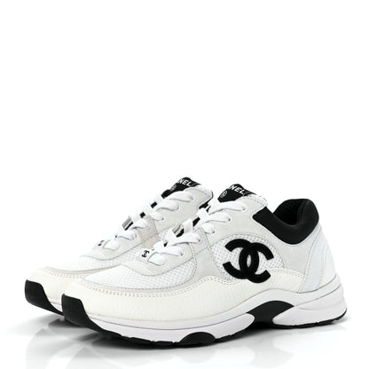 Chanel Mesh Suede Calfskin Grained Calfskin Womens CC Sneakers 37 White Black 3 of 9