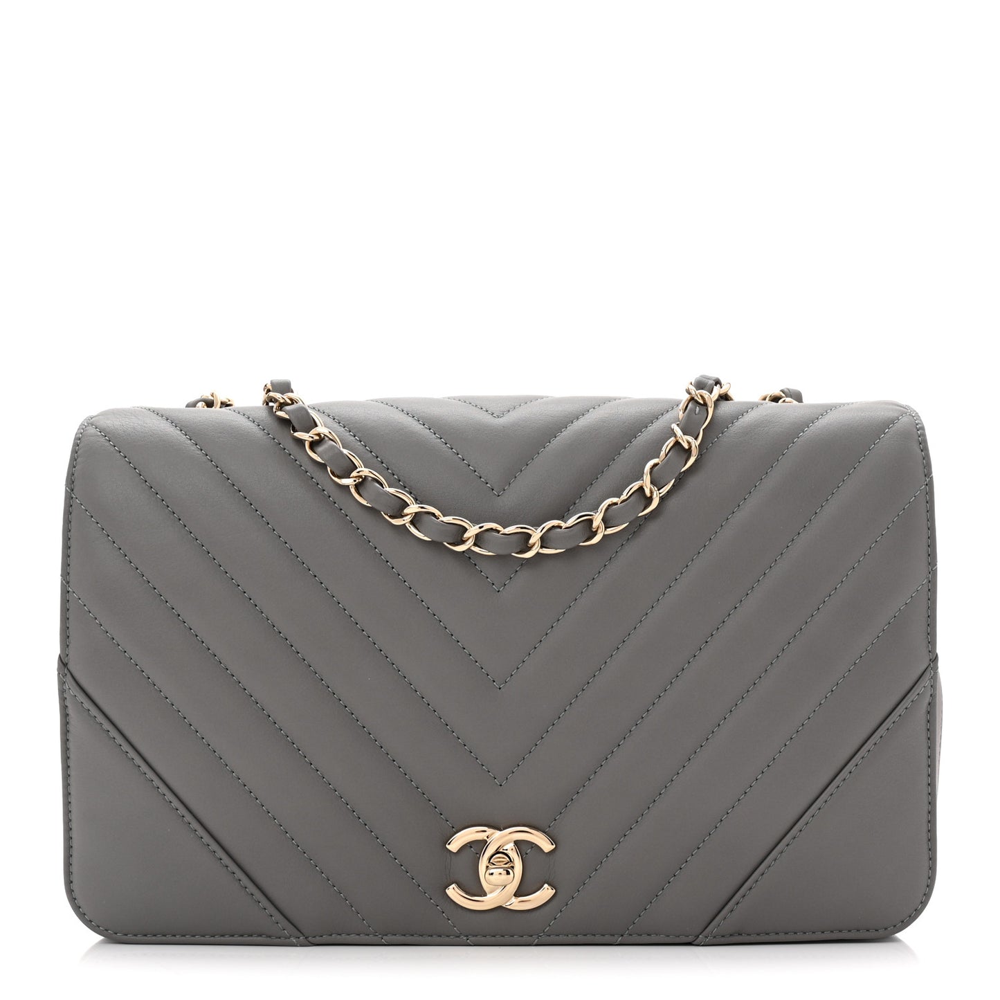 Calfskin Chevron Quilted Large Statement Flap Grey