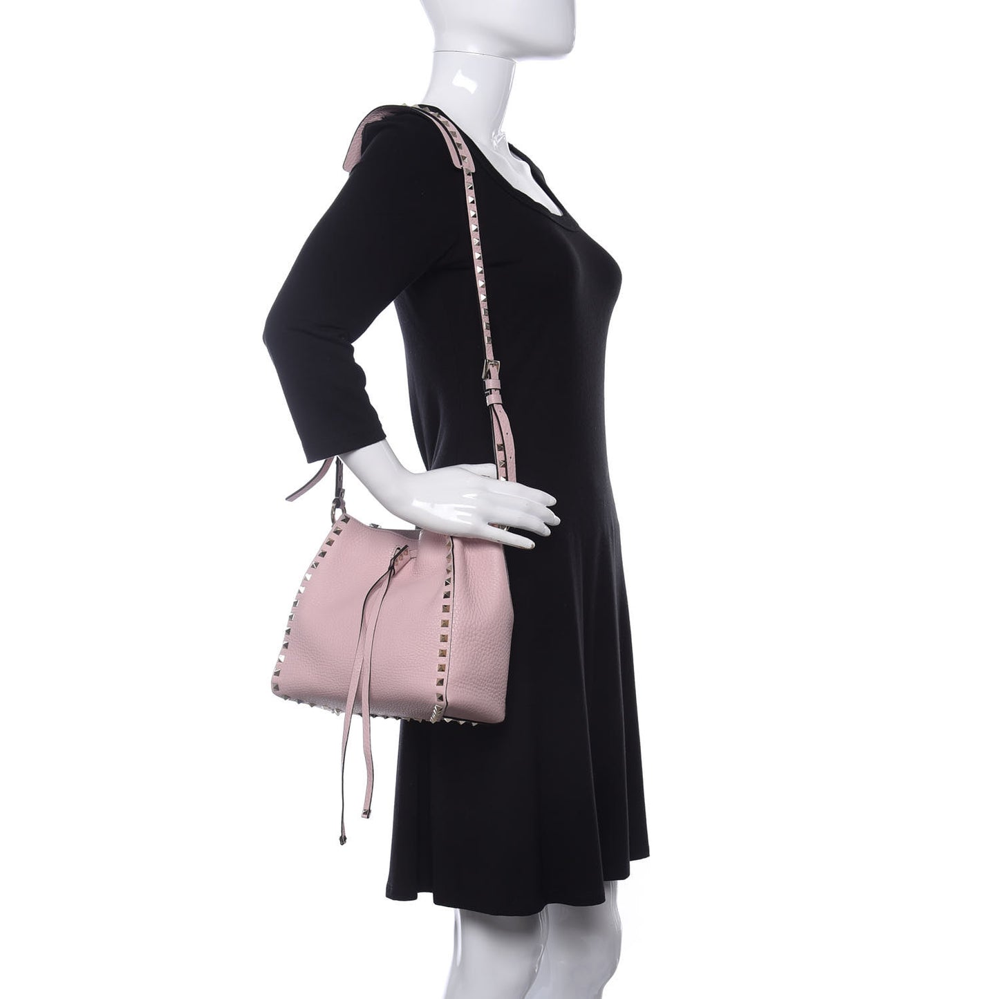 Grained Calfskin Rockstud Bucket Bag Light Pink