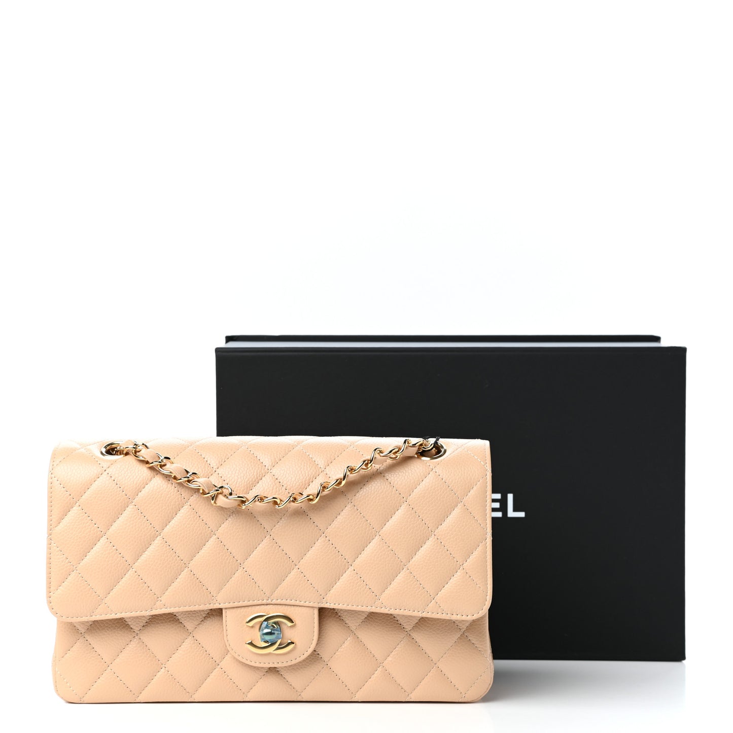 Caviar Quilted Medium Double Flap Beige