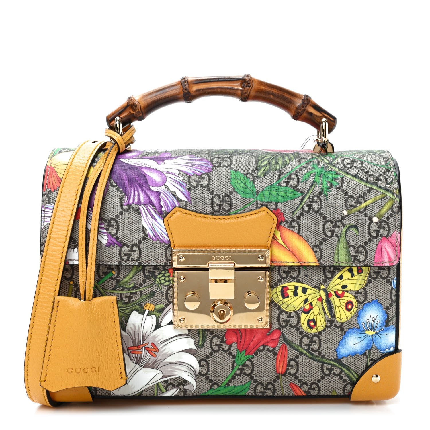 Gucci GG Supreme Monogram Flora Small Padlock Bamboo Shoulder Bag Beige Multicolor Crop 1 of 10