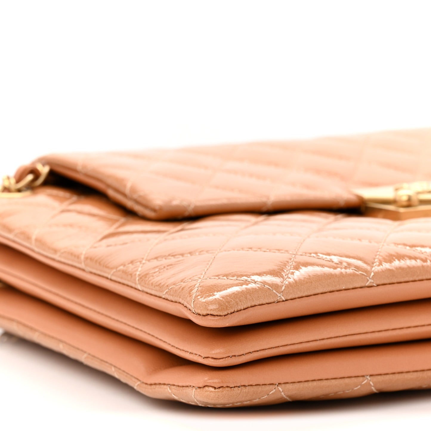 Patent Goatskin Quilted 3 Pocket Accordion Flap Beige