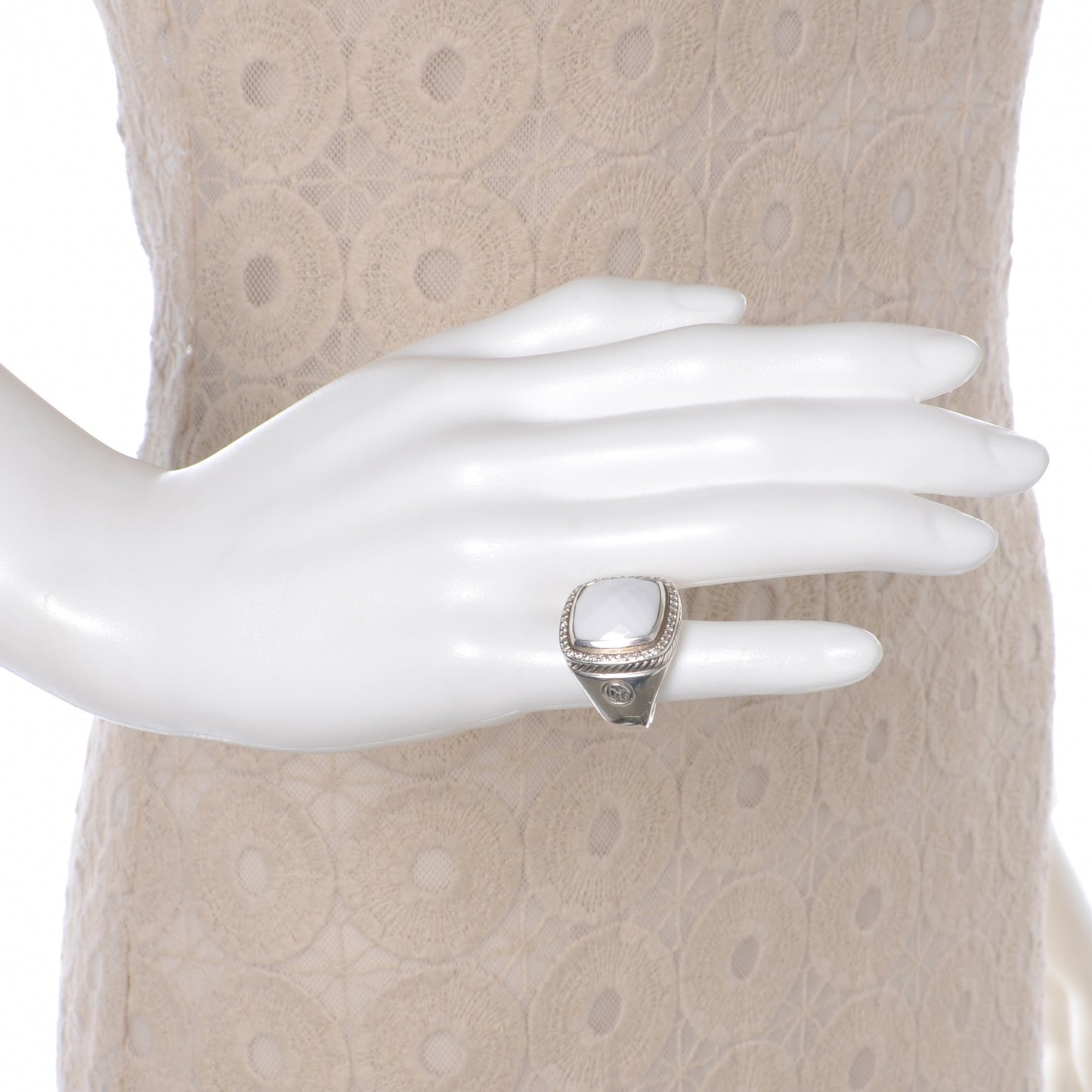 Sterling Silver 17mm White Agate Diamond Ring 7