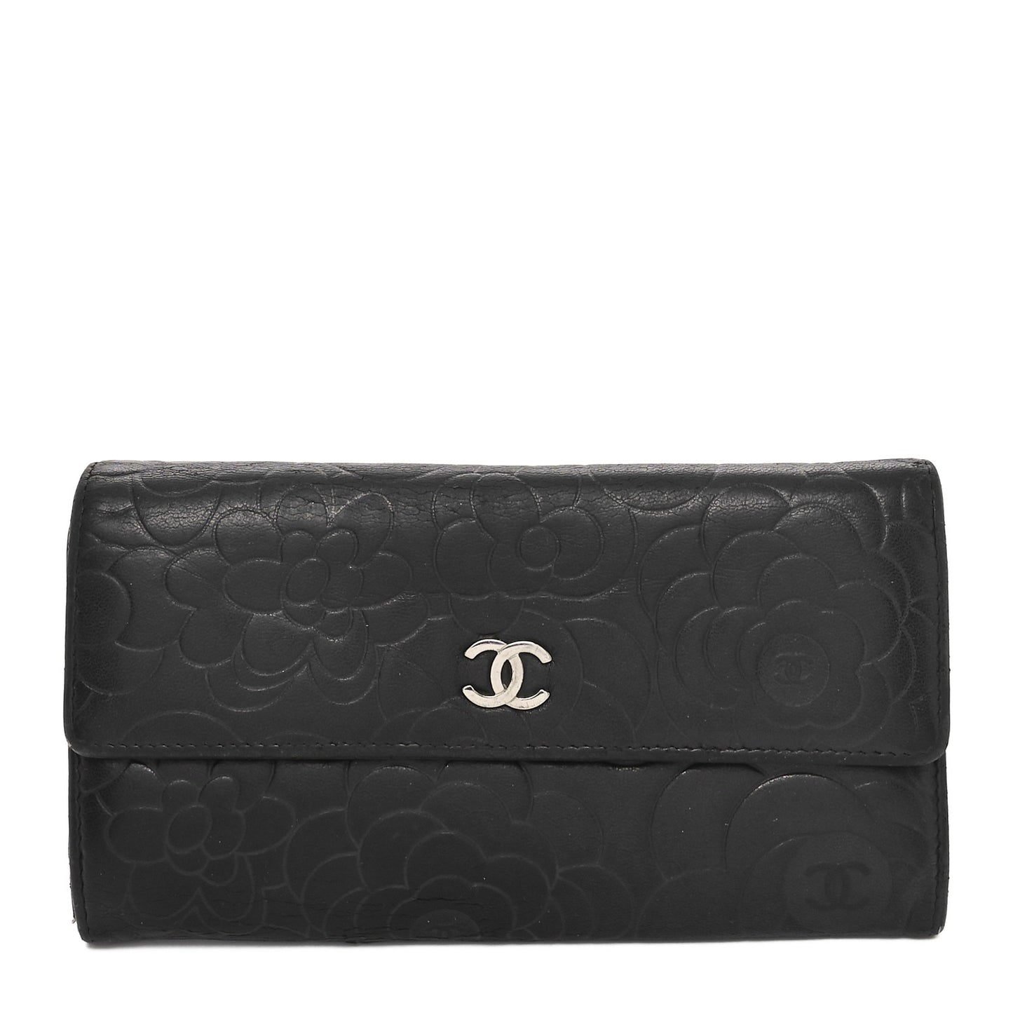 Lambskin Camellia Embossed Large Gusset Flap Wallet Black
