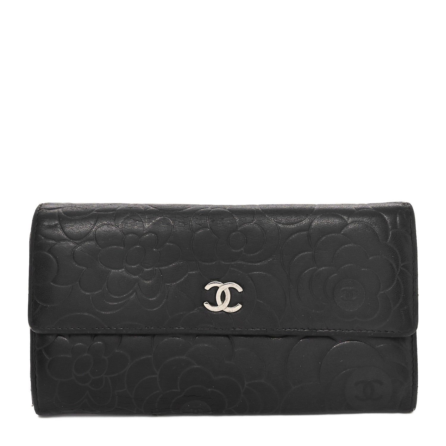 Chanel Lambskin Camellia Embossed Large Gusset Flap Wallet Black 1 of 13
