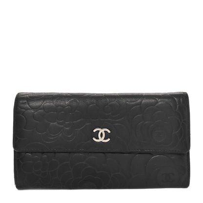 Chanel Lambskin Camellia Embossed Large Gusset Flap Wallet Black 1 of 13