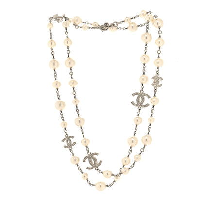 Chanel Graduated Pearl Crystal CC Long Necklace Silver 3 of 5