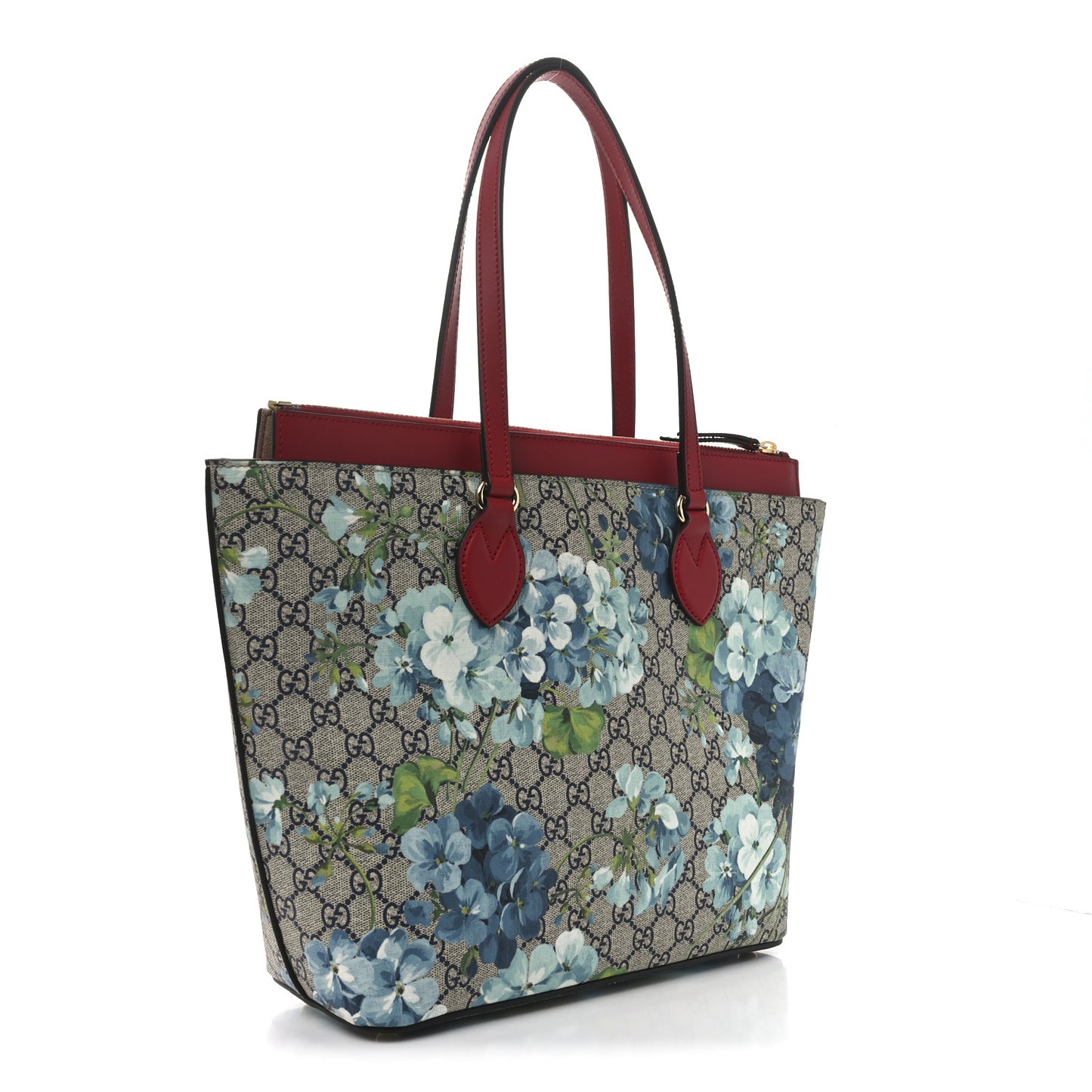 GG Supreme Monogram Blooms Medium Zippered Bucket Tote Beige Blue Navy Hibiscus Red