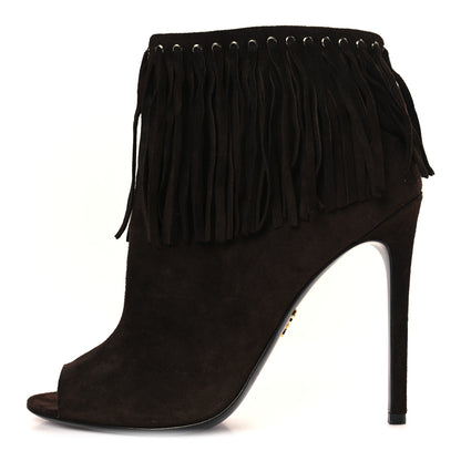 Prada Suede Fringe Peep Toe Bootie 40 Dark Brown 1 of 7
