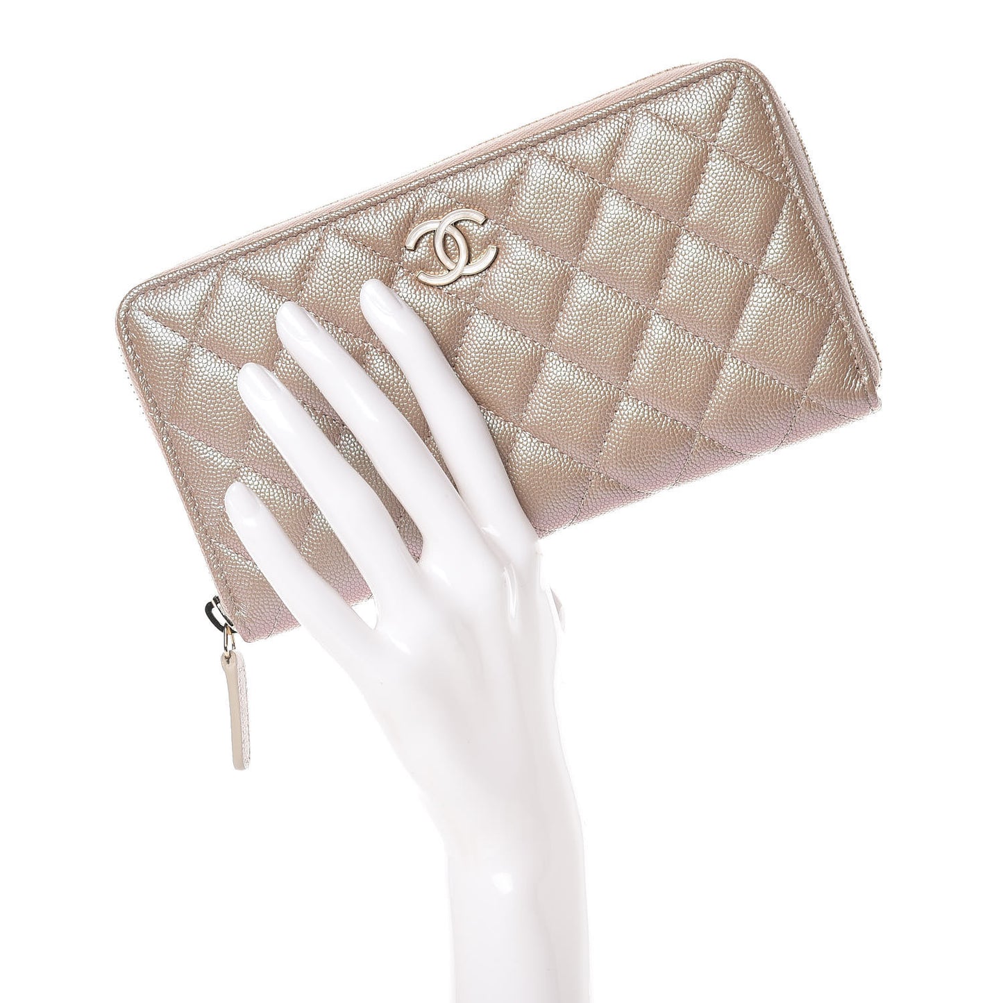 Iridescent Caviar Quilted Long Zip Around Wallet Beige