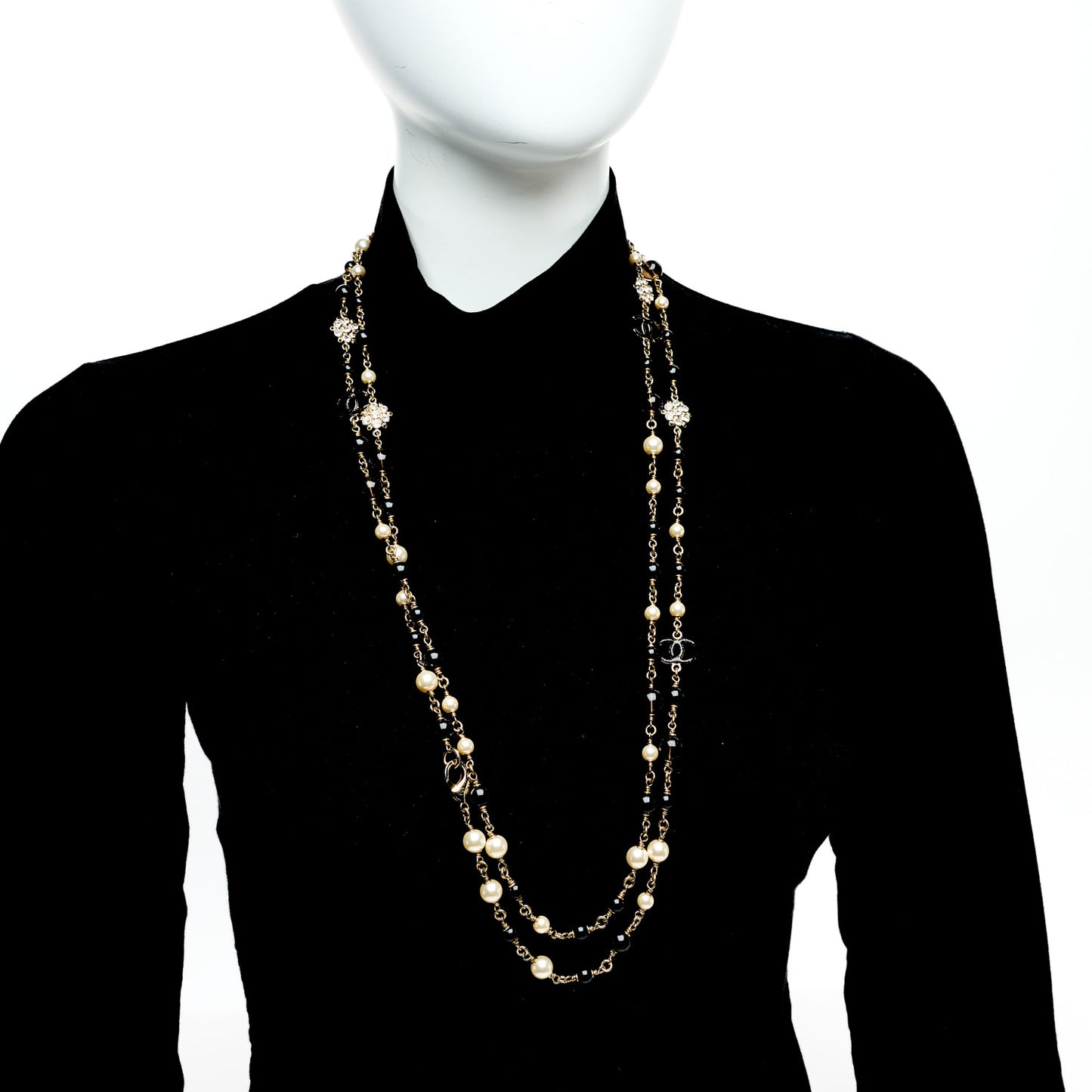 Pearl Crystal Bead CC Long Necklace Black Gold