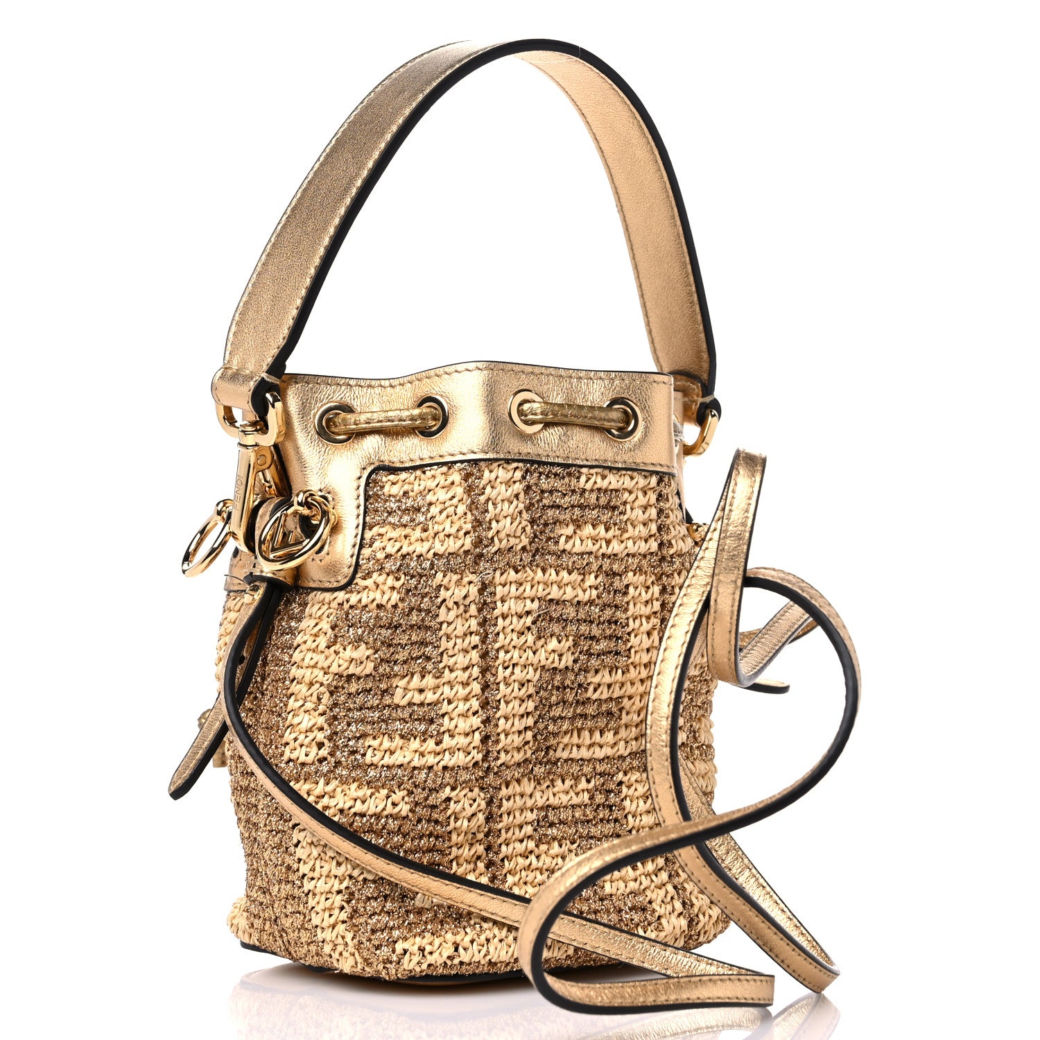Fendi Raffia Lurex Vitello Laminato F is Fendi FF Crochet Mini Mon Tresor Bucket Bag Natural Oro 3 of 9
