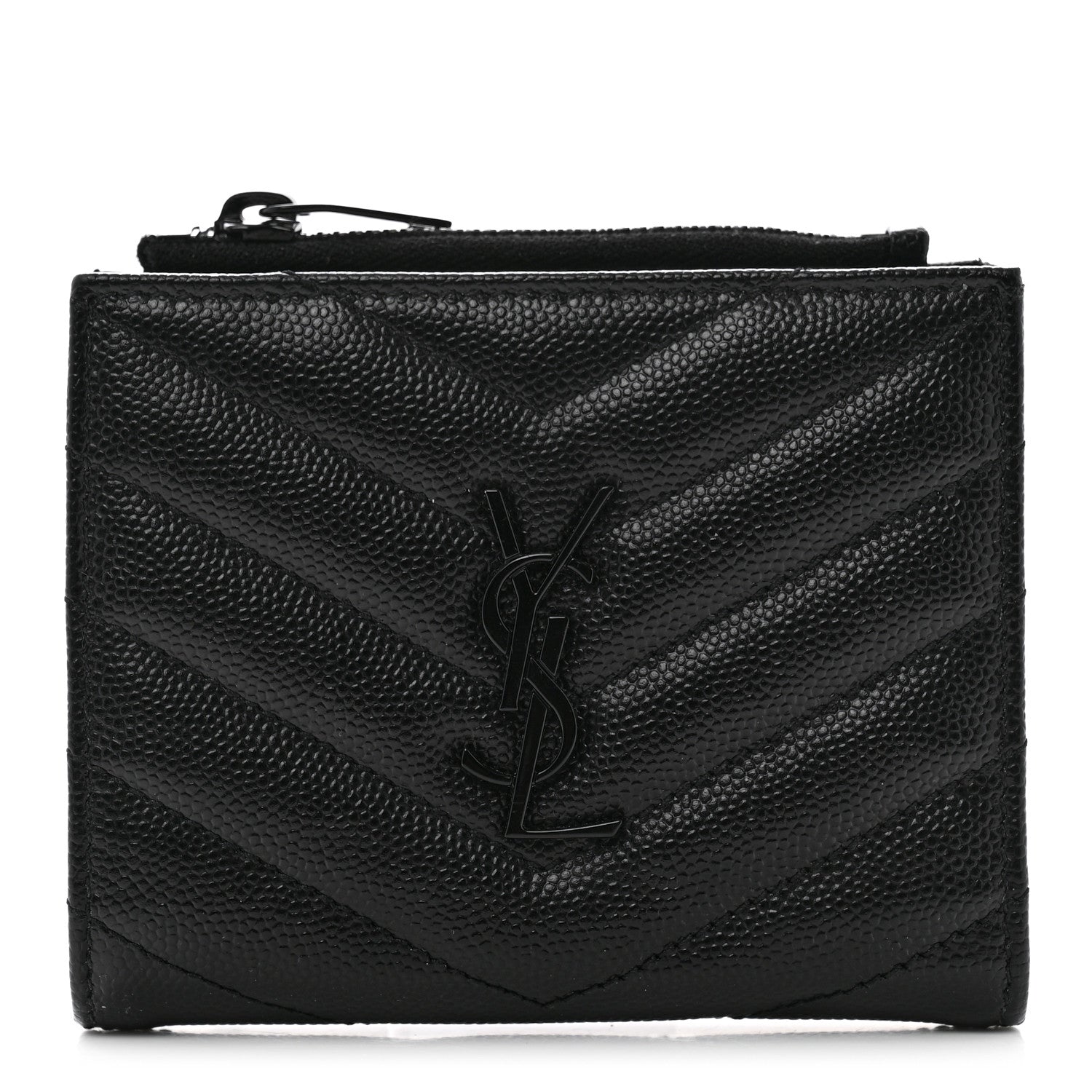 Saint Laurent Grain De Poudre Matelasse Chevron Monogram Zipped Card Case Black 1 of 8