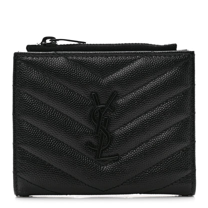 Saint Laurent Grain De Poudre Matelasse Chevron Monogram Zipped Card Case Black 1 of 8