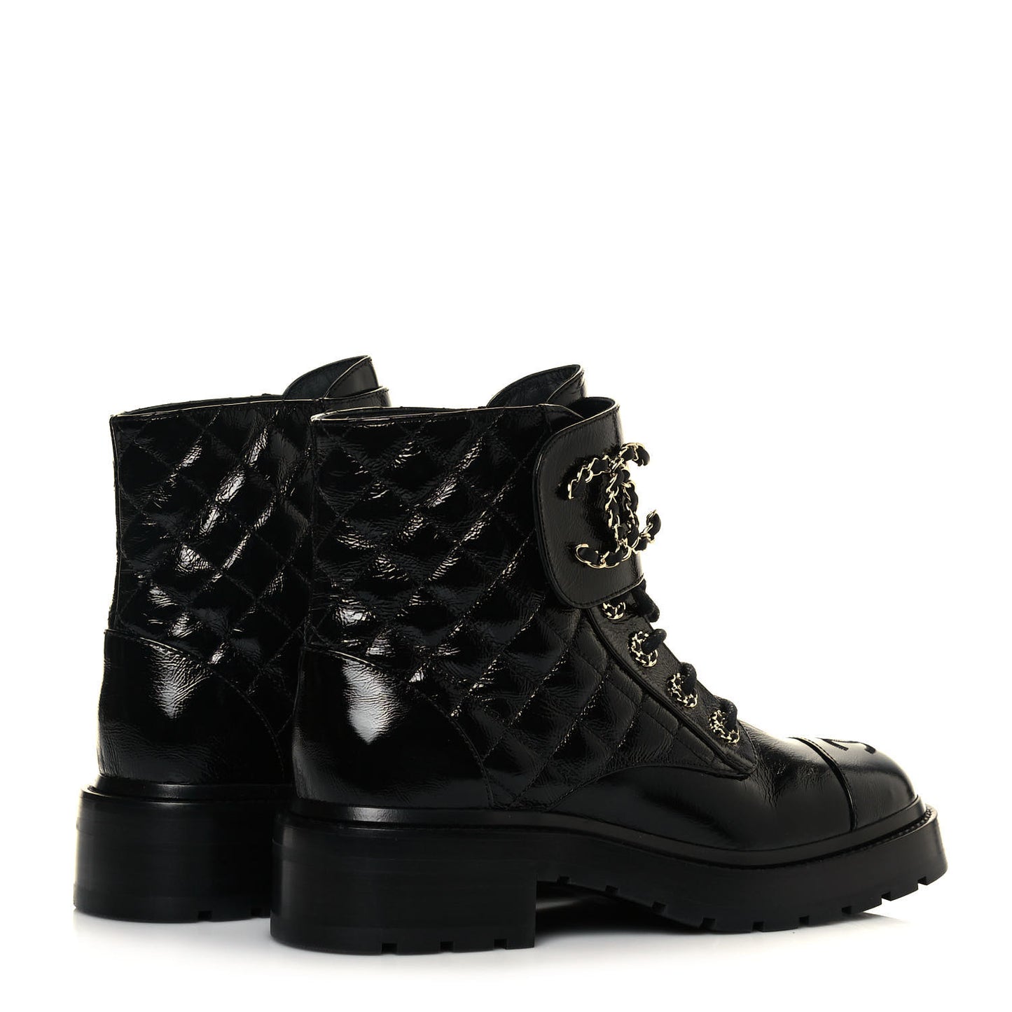 Shiny Calfskin Quilted Lace Up Combat Boots 36.5 Black