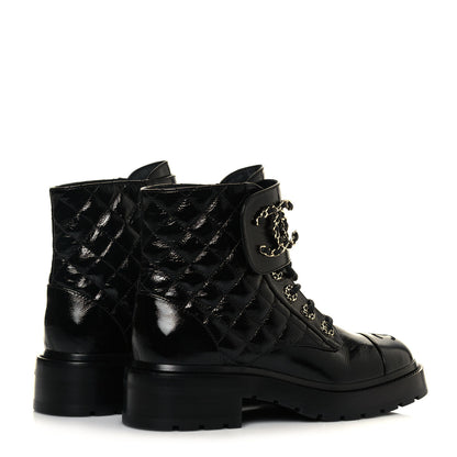 Chanel Shiny Calfskin Quilted Lace Up Combat Boots 36.5 Black 4 of 11