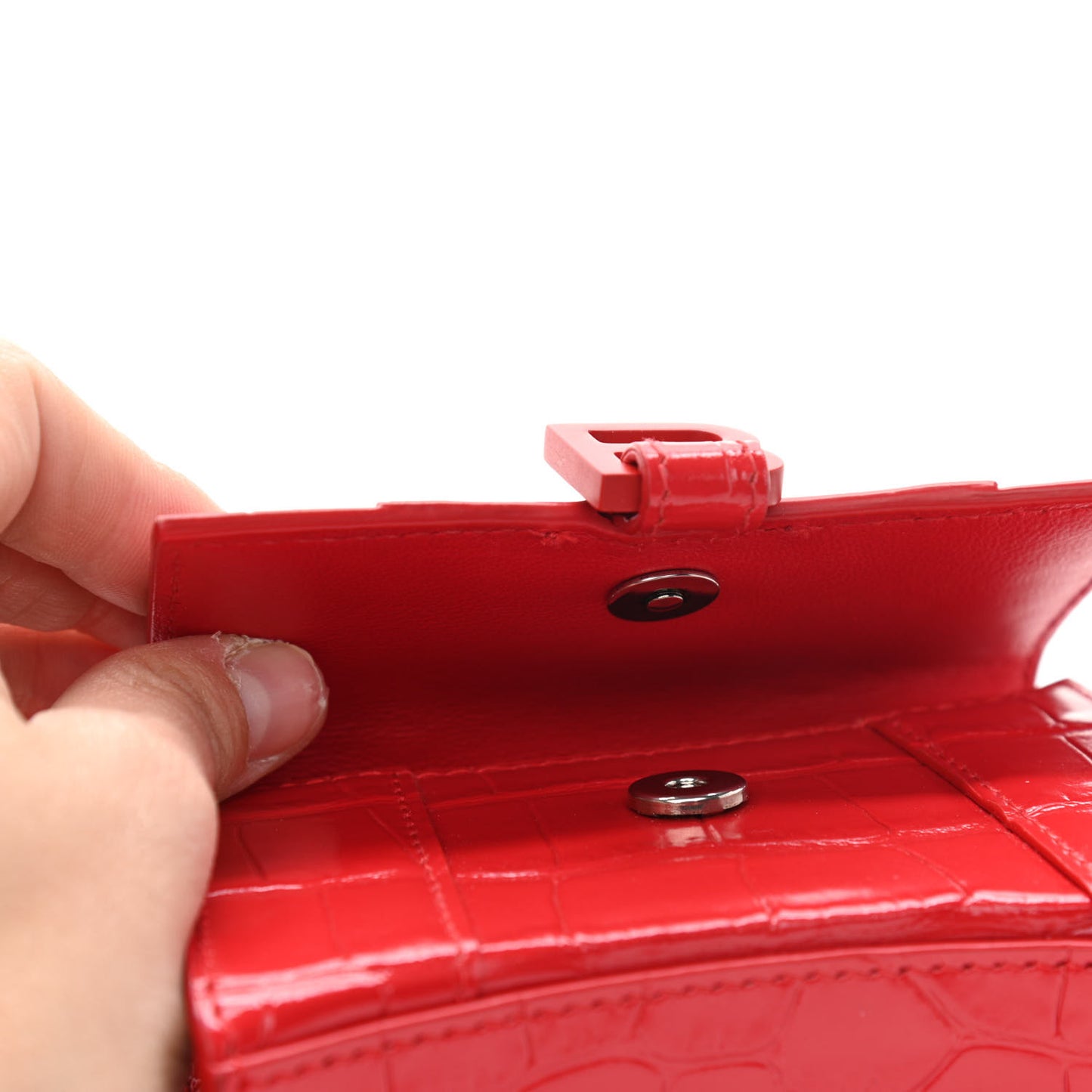 Shiny Calfskin Tonal B Crocodile Embossed Hourglass Top Handle Bag Mini Bright Red