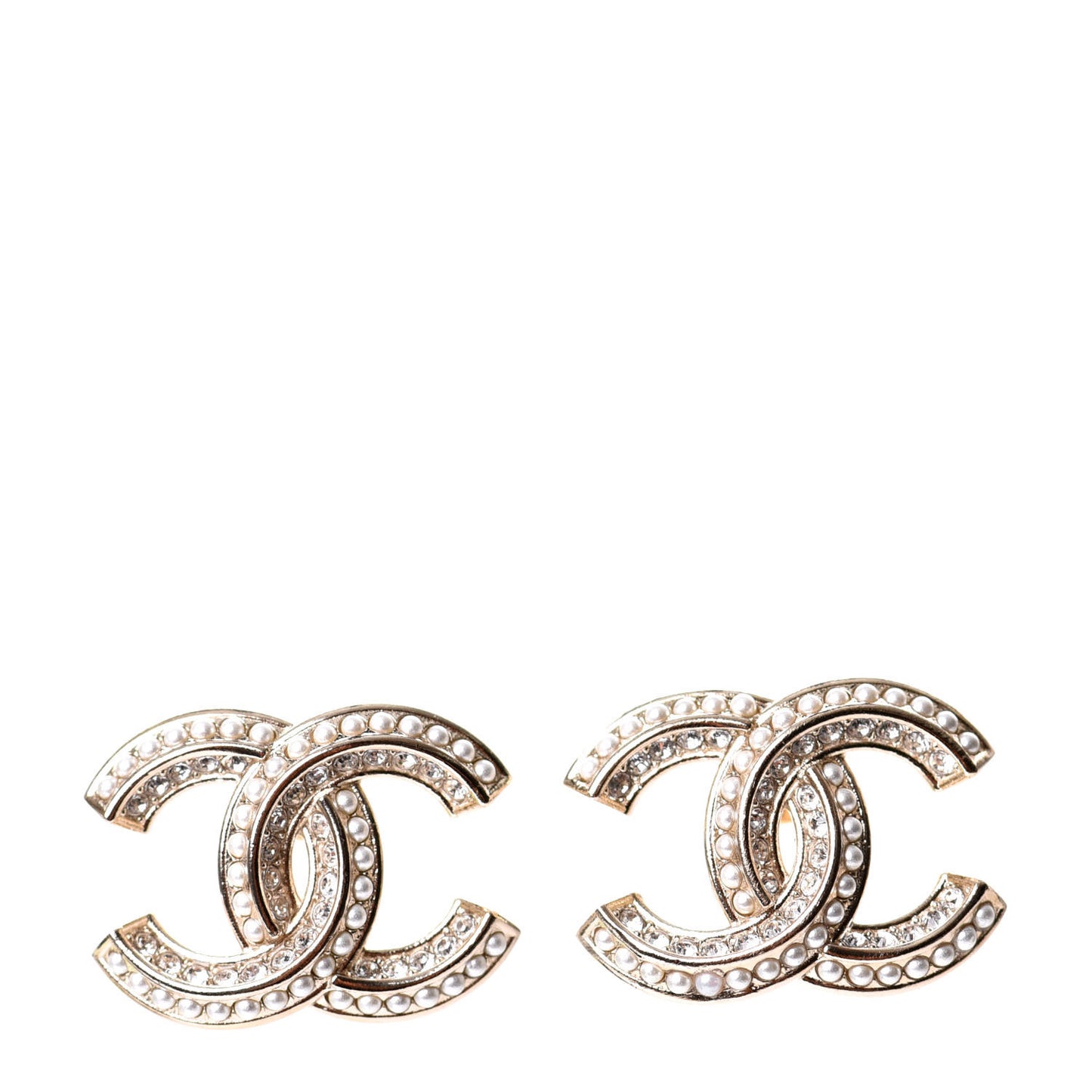 Crystal Pearl Chain Mania CC Earrings Gold
