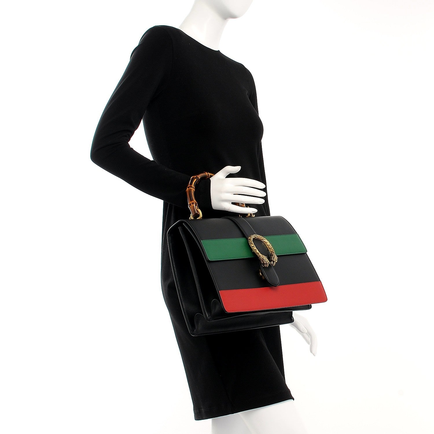 Gucci Calfskin Bamboo Web Large Dionysus Top Handle Bag Black Bright Evergreen Hibiscus Red 3 of 10