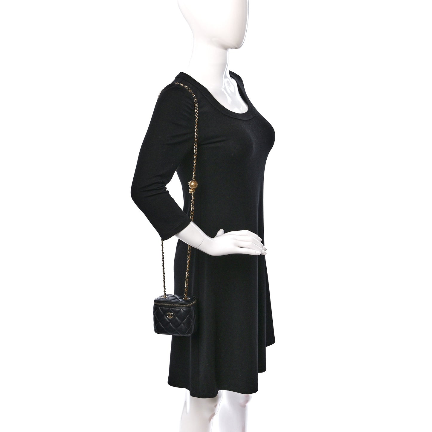 Lambskin Quilted Mini Pearl Crush Vanity Case With Chain Black
