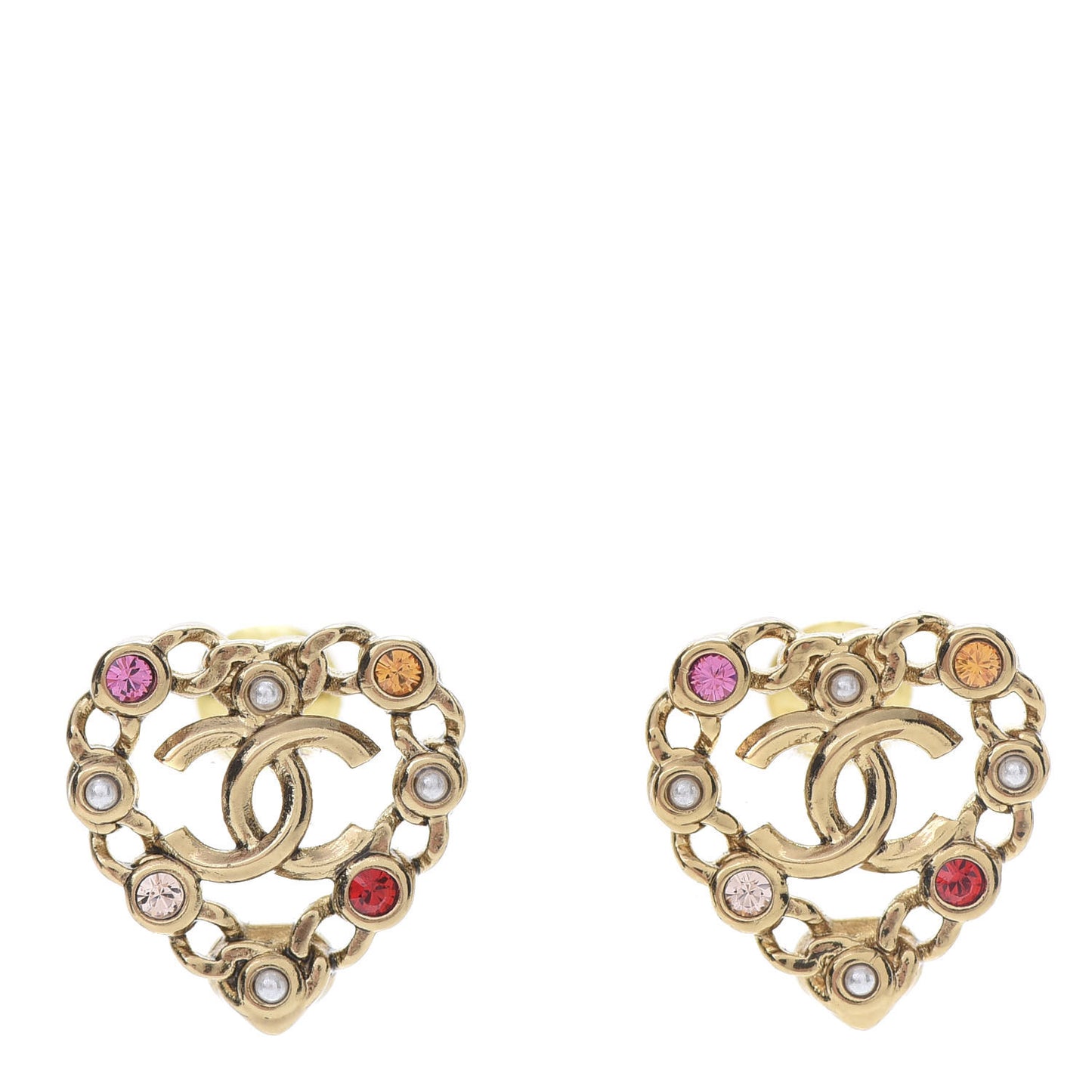 Pearl Crystal CC Heart Earrings Gold Multicolor