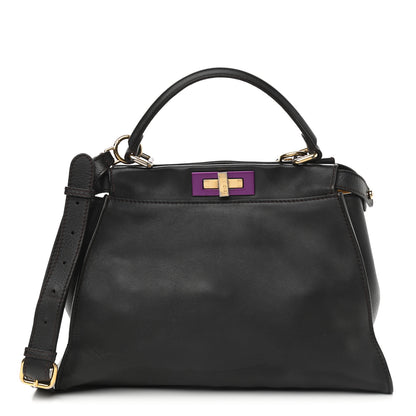 Fendi Vitello Seta Shiny Nappa Medium Peekaboo Iconic Satchel Dark Brown Yellow 1 of 9