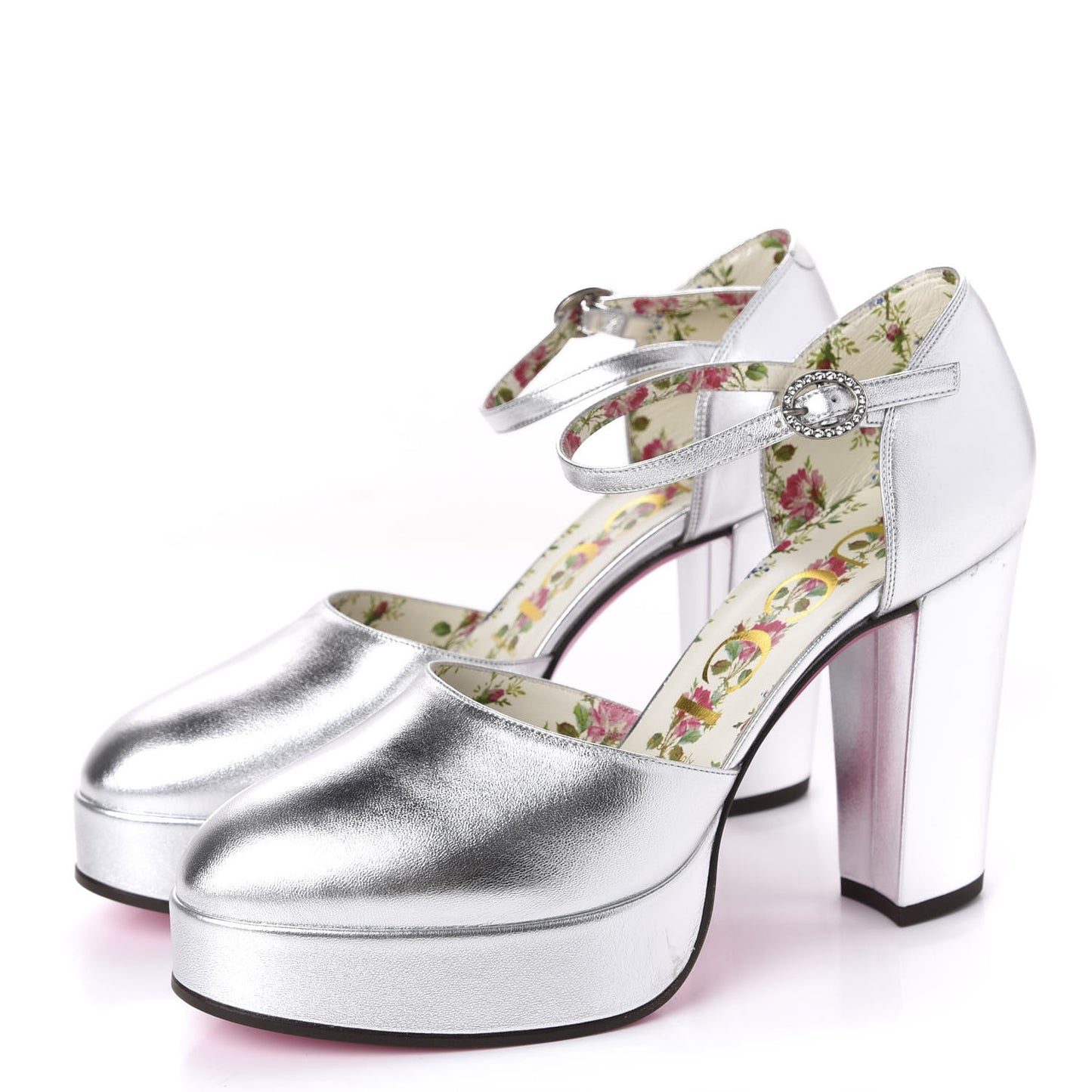 Metallic Nappa Ankle Strap Platform Pumps 38.5 Argento