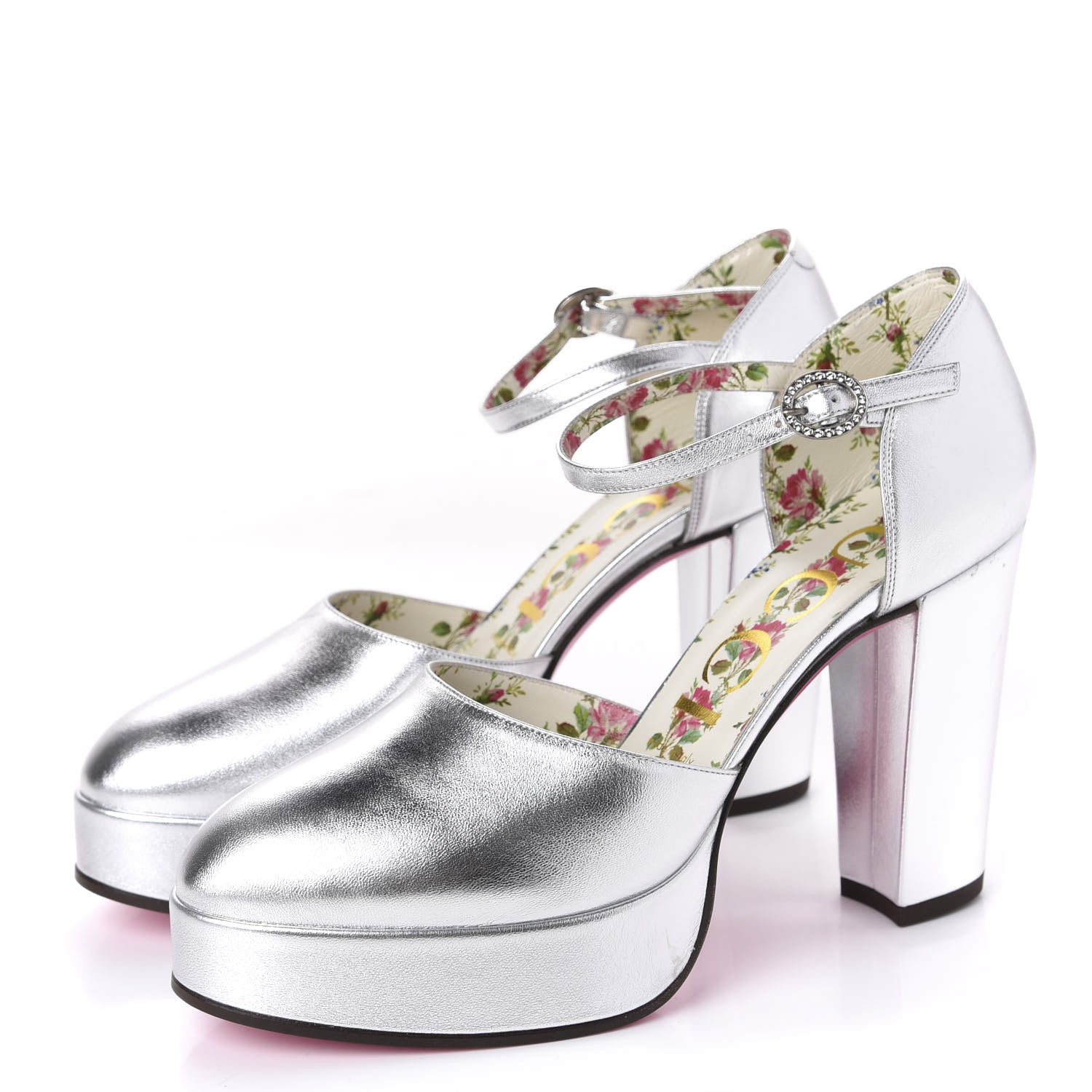 Gucci Metallic Nappa Ankle Strap Platform Pumps 38.5 Argento 3 of 13