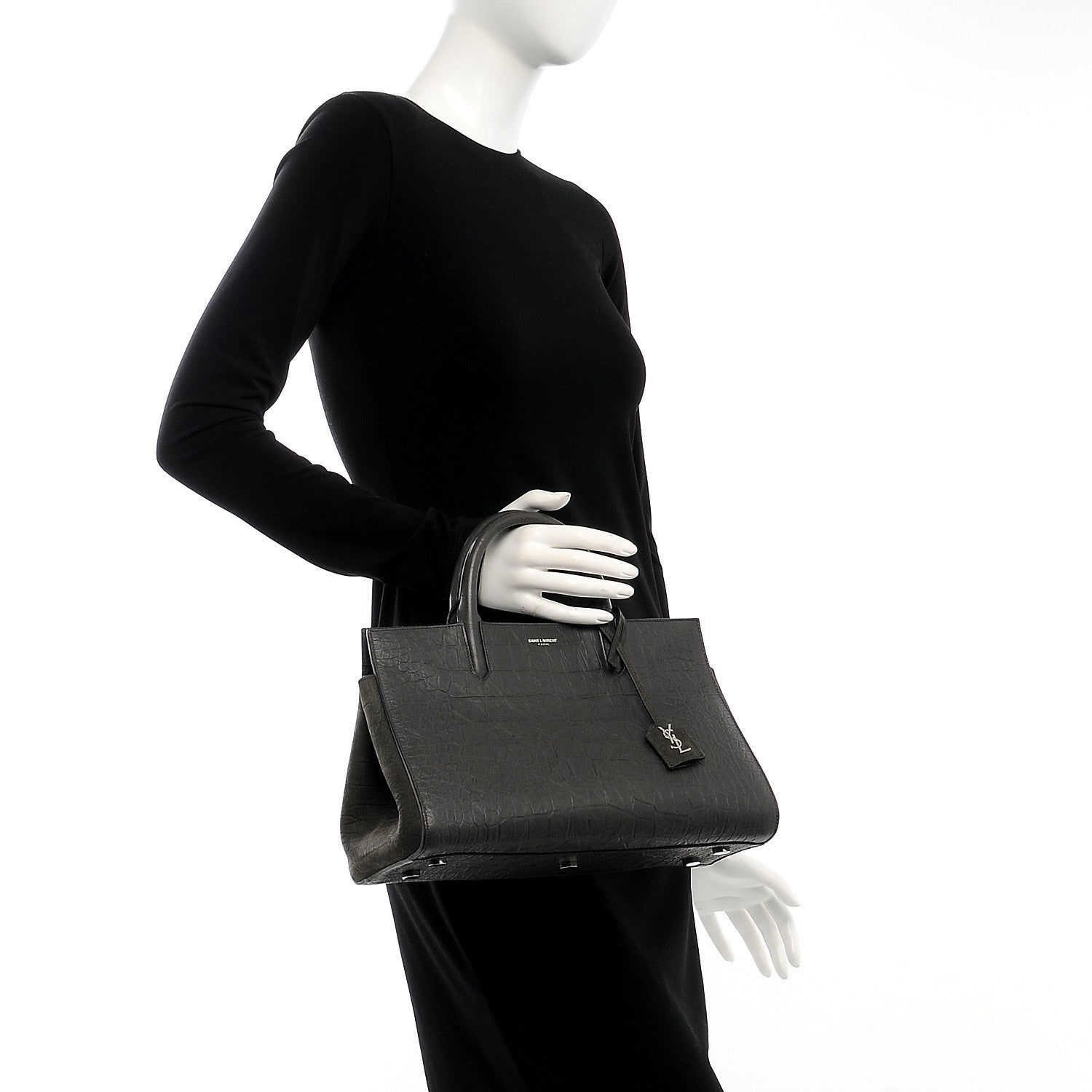 Saint Laurent Calfskin Crocodile Embossed Suede Small Cabas Rive Gauche Dark Anthracite 3 of 8