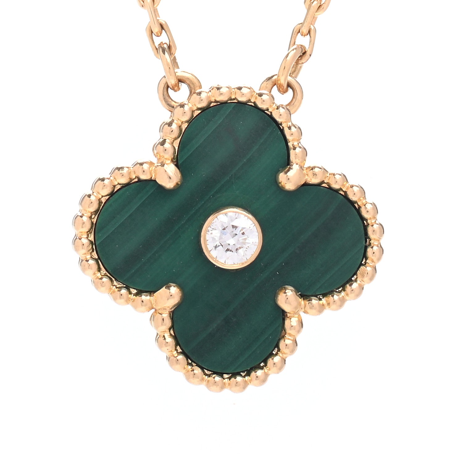 Van Cleef & Arpels 18K Yellow Gold Diamond Malachite Vintage Alhambra Pendant Necklace 4 of 7