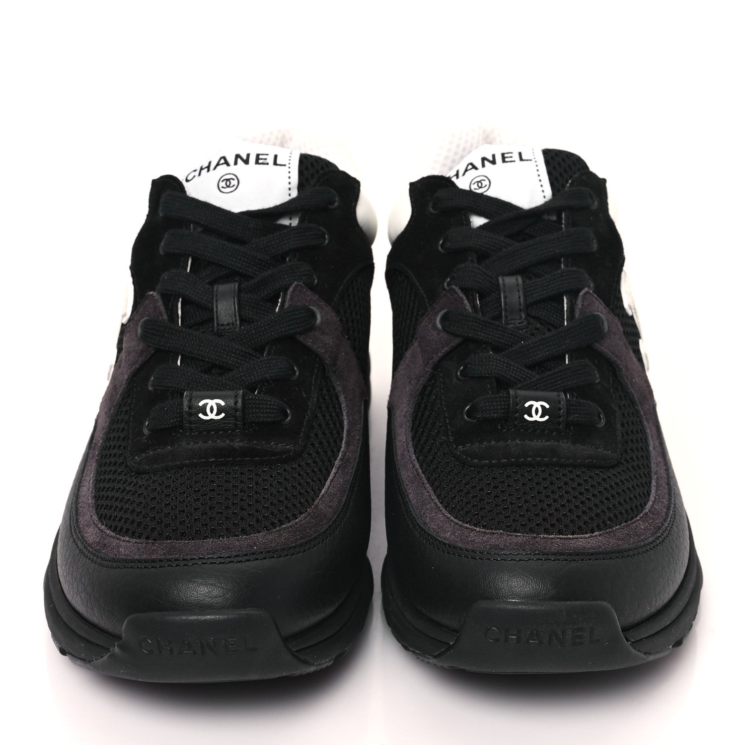 Chanel Mesh Suede Grained Calfskin Womens CC Sneakers 39 Black White 3 of 9