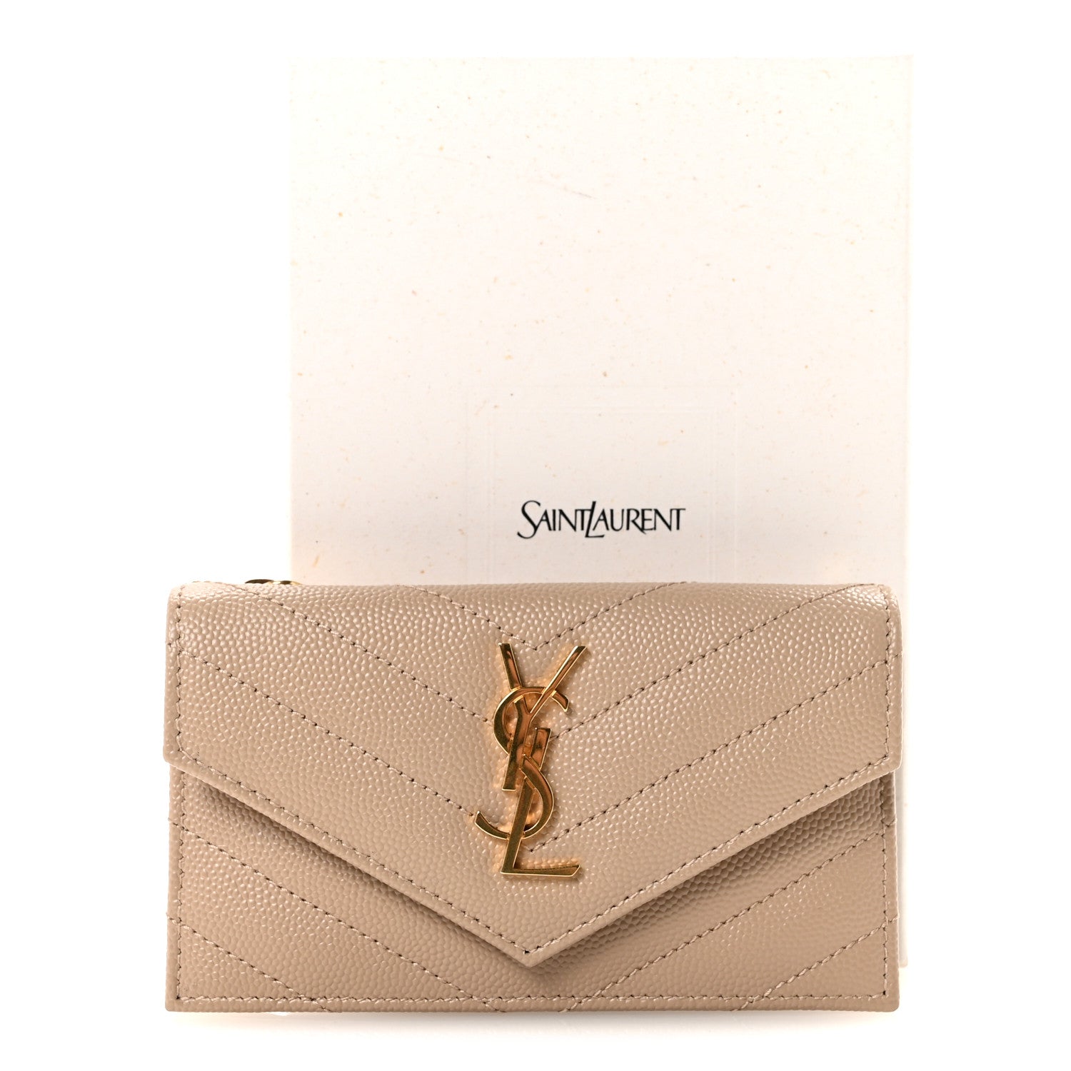 Saint Laurent Grain De Poudre Matelasse Chevron Monogram Compact Wallet Dark Beige 7 of 7