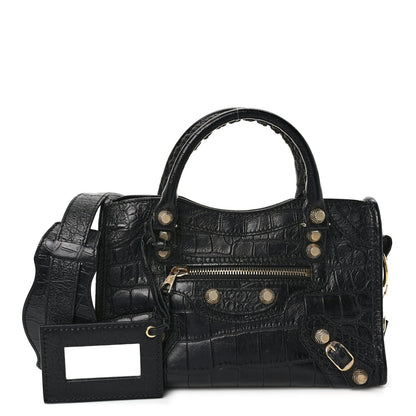 Balenciaga Calfskin Giant 12 Gold Hardware Crocodile Embossed Mini City Black 1 of 9
