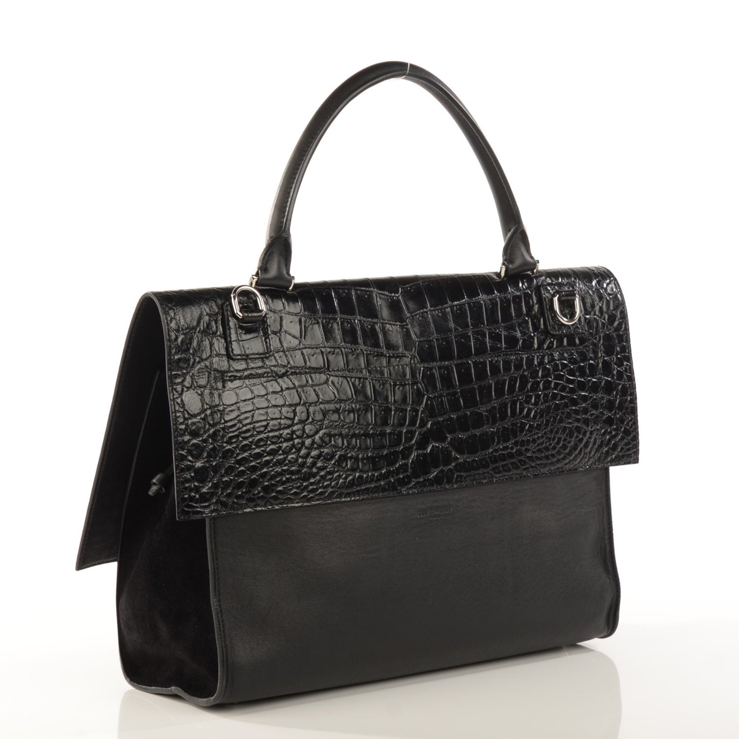 Calfskin Crocodile Embossed Medium Shark Lock Satchel Black