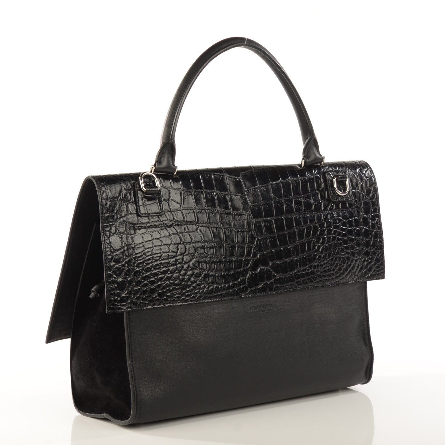 Givenchy Calfskin Crocodile Embossed Medium Shark Lock Satchel Black 3 of 7