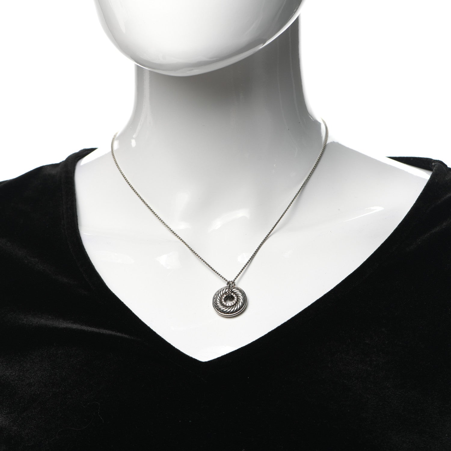 David Yurman Sterling Silver Diamond Sculpted Cable Disc Necklace 2 of 5