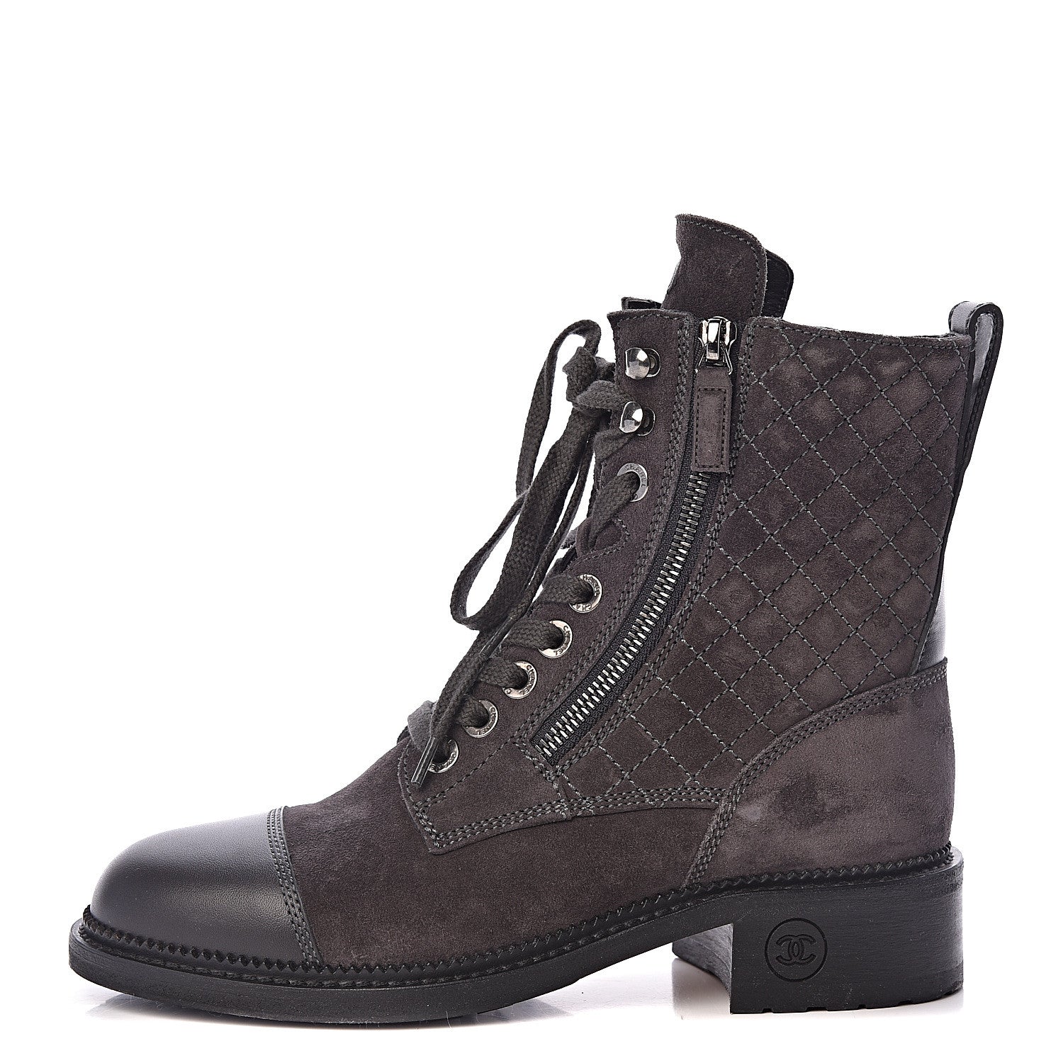 Chanel Suede Quilted CC Lace Up Combat Boots 38 Grey 1 of 8