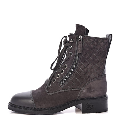 Chanel Suede Quilted CC Lace Up Combat Boots 38 Grey 1 of 8