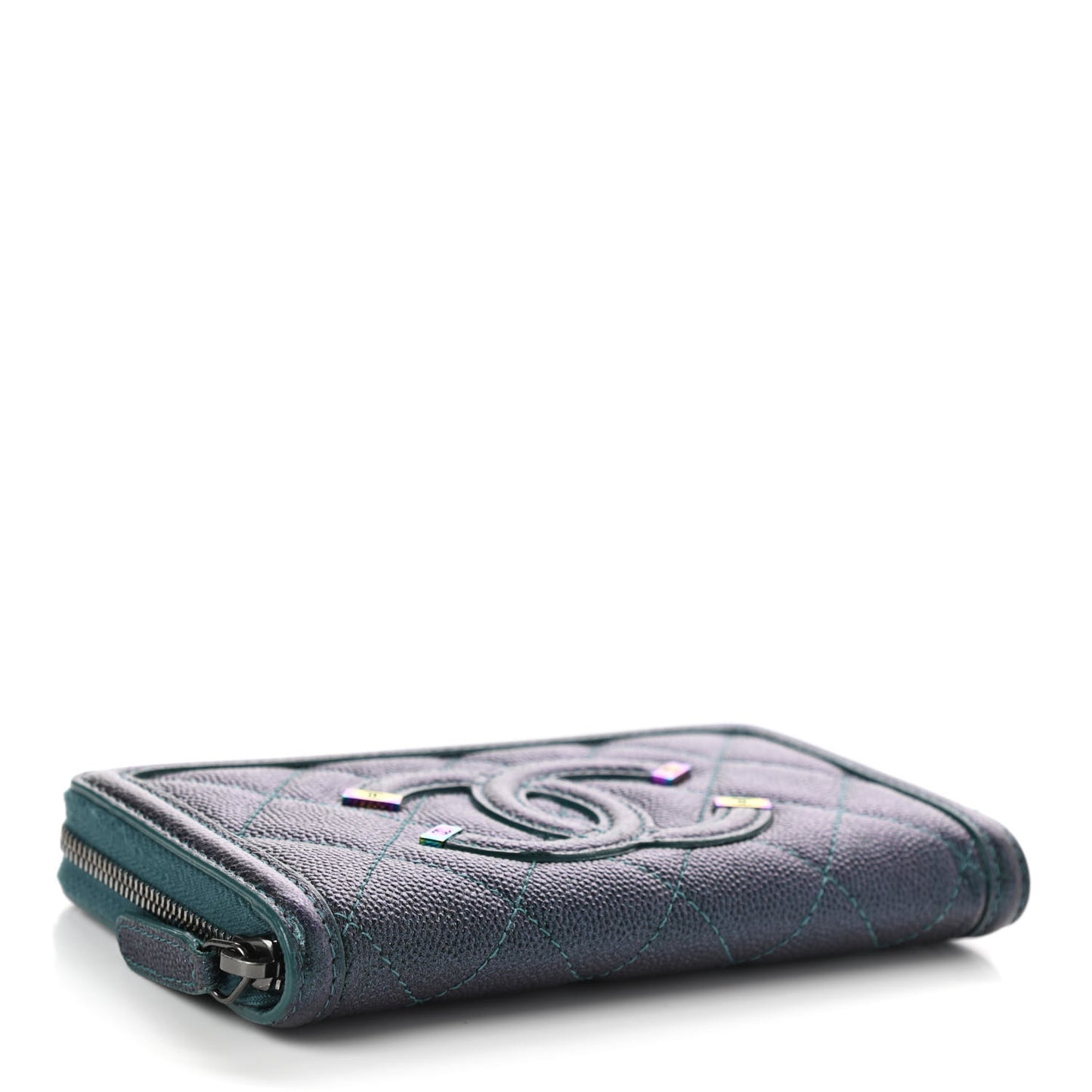 Iridescent Caviar Quilted Medium Filigree Zip Around Wallet Dark Turquoise