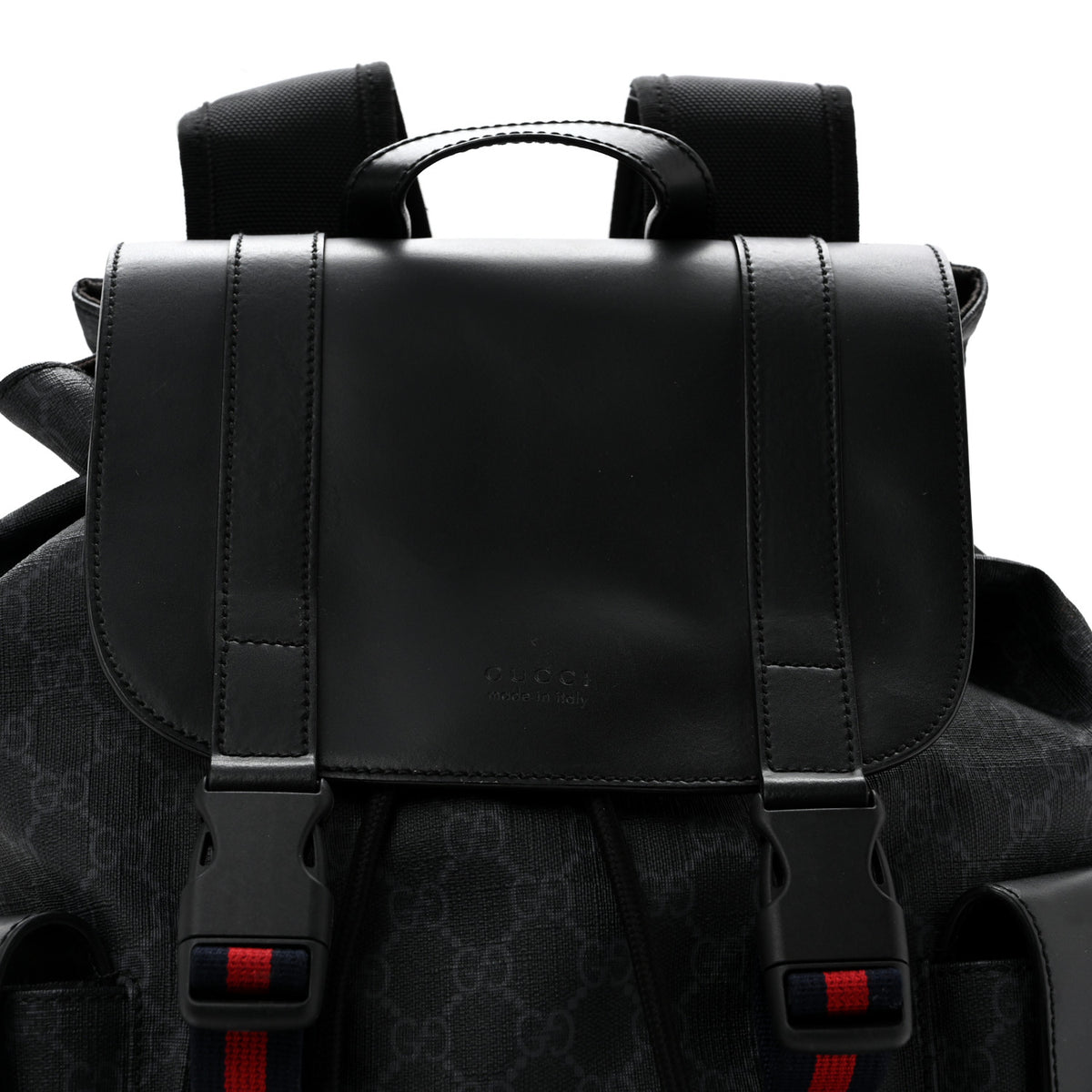 Soft GG Supreme Monogram Calfskin Web Double Buckle Backpack Black