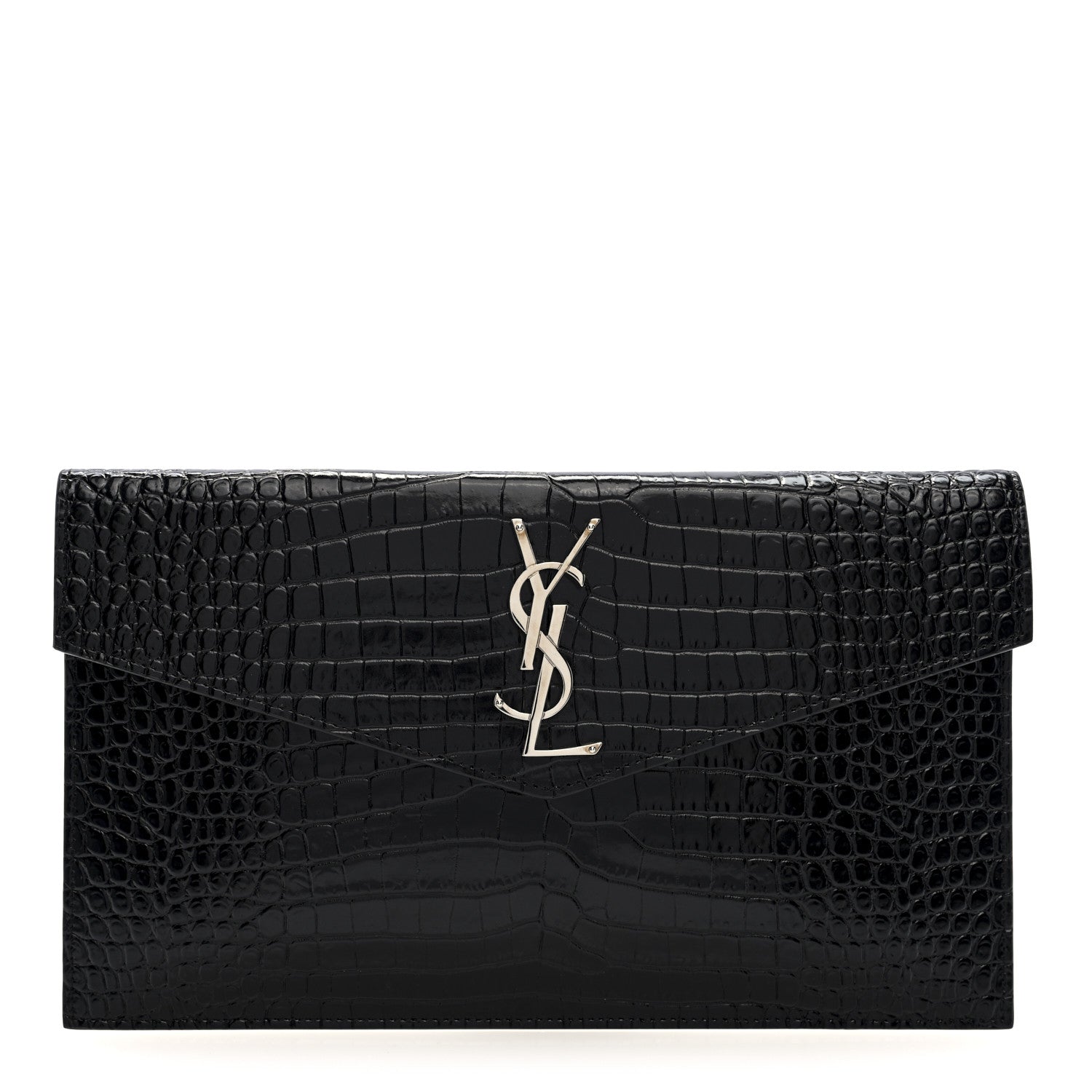 Saint Laurent Calfskin Crocodile Embossed Uptown Monogram Pouch Black 1 of 14