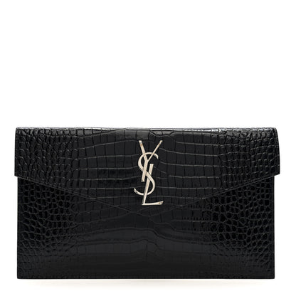 Saint Laurent Calfskin Crocodile Embossed Uptown Monogram Pouch Black 1 of 14