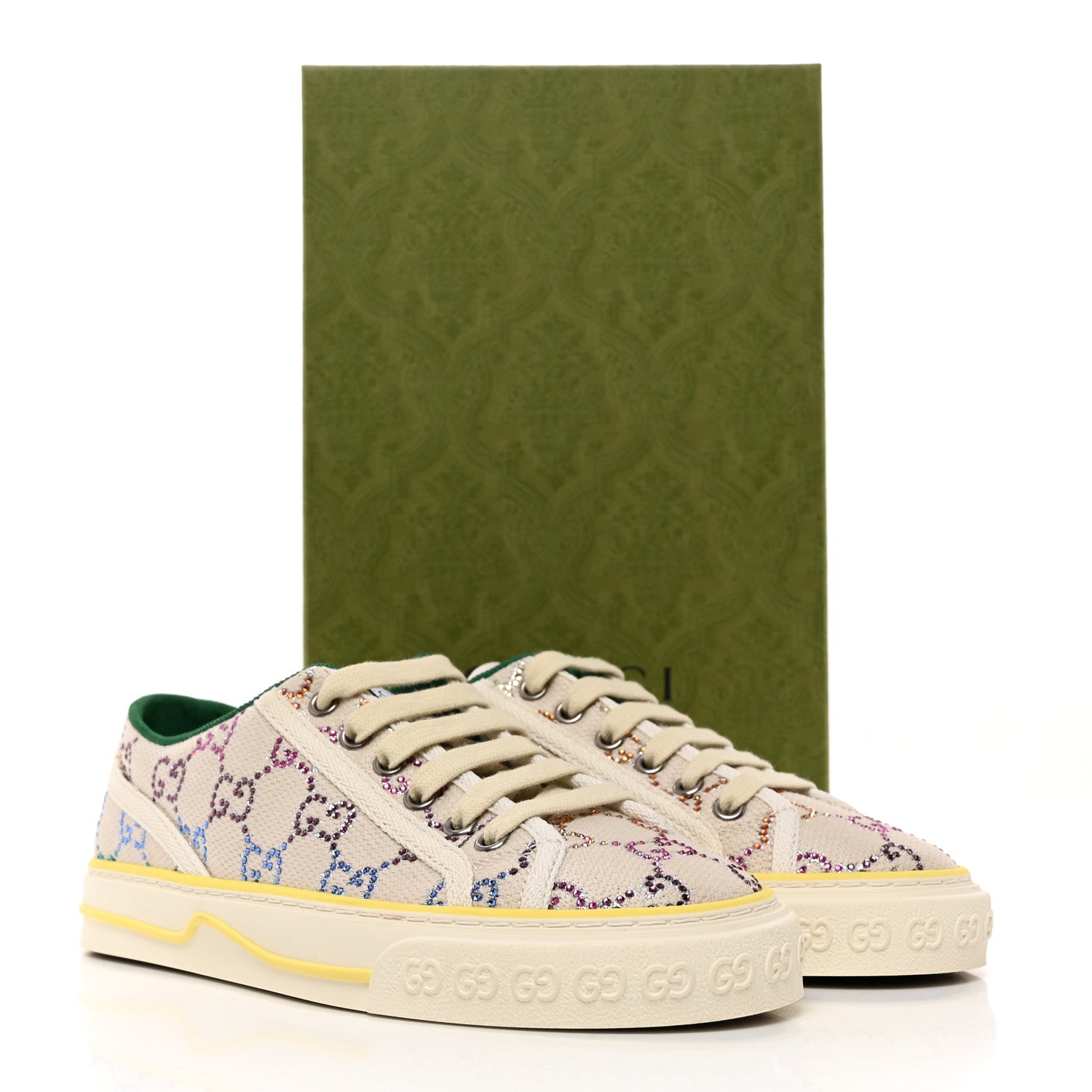 Gucci Canvas Lame Crystal GG Monogram Womens 1977 Tennis Sneakers 37 Gardenia Silver Mystic White 8 of 8