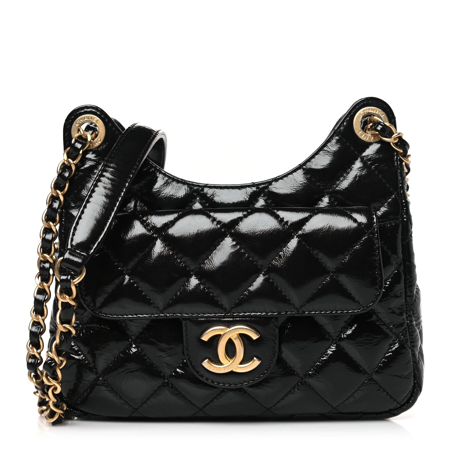 Chanel Shiny Crumpled Calfskin Quilted Small Wavy CC Hobo Black 1 of 10