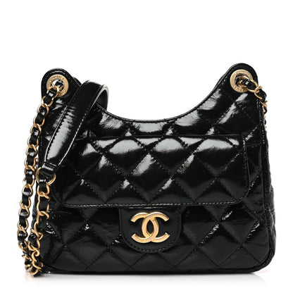 Chanel Shiny Crumpled Calfskin Quilted Small Wavy CC Hobo Black 1 of 10